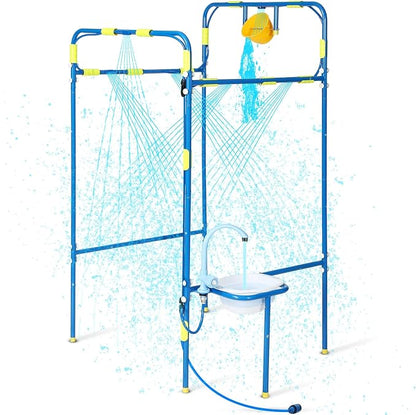 Backyard Waterpark for Kids, Heavy-Duty Steel Water Park Sprinkler Toy Game with Splash Buckets, Collapsible Wash Basin & Water Faucets, Water Play Activities Outdoor Summer Toys