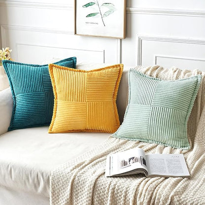MIULEE Spring Decorative Throw Pillow Covers for Couch Bed Livingroom 16x16 Inch Set of 2 Light Green Boho Accent Throw Pllows Broadside Striped Patchwork Soft Corduroy Summer Pillowcases