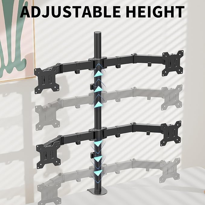 Black Quad Monitor Arm Mount for 13-27 Inch Screens | Ultrawide Screens Up to 34 inch Fully Adjustable Stand with C-Clamp/Grommet Base Max VESA 100x100 Each Screen Capacity 22lbs
