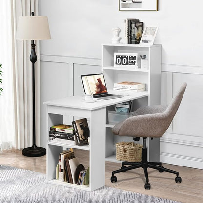 GRAFFY Computer Desk with 6 Storage Shelves - 48" Reversible Writing Desk Workstation with Bookshelf and CPU Stand, Modern Compact Office Desk for Bedroom, Study, Home, Office (White)