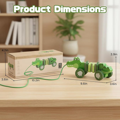 Baby Toys Car,Wooden Pull Along Toddler Toy, Developmental Toy for 1 Year Old Girl Boy Birthday Gift (Crocodile)