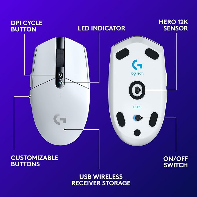 Logitech G305 Lightspeed Wireless Gaming Mouse - White | 12,000 DPI, Lightweight, 6 Programmable Buttons, 250h Battery, On-Board Memory, Compatible with PC and Mac