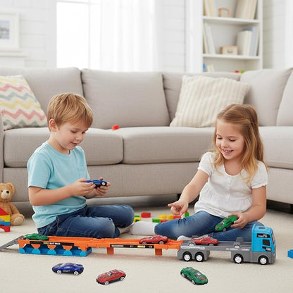 2-in-1 Race Truck Car Toys for 3-8 Years Old Boys Girls, Trucks for Toddlers 2-4 Years Foldable Transport Car Toys with 2 Foldable Tracks 16 Race Cars, Birthday Gifts Children's Day for Kids