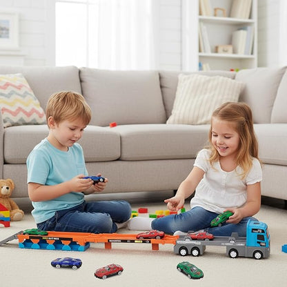 2-in-1 Foldable Race Track Truck Car Playset for 2-8 Years Old Boys Girls, Kids Truck Toys with Foldable 3 Layer Play Track & 8 Race Cars, Children's Day Birthday Gifts for Toddlers