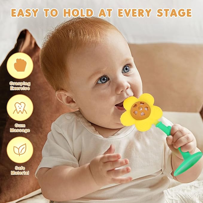 Baby Teething Toys 3-6 Months, Teether and Sensory Rattle for Babies 0-6 Months, Food Grade Silicone Teethers 6-12 Months, Infant Teething Relief Chew Toys, Sunnyflower Teether Toy BPA Free - Yellow