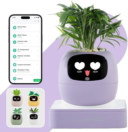 Smart Plant Pot with Visual Display – Soil Moisture, Water Level, Light & Battery Monitor, 80ml Self-Watering Reservoir, Supports 50+ Plants, Pomodoro Timer, Clock & Calendar (Purple)