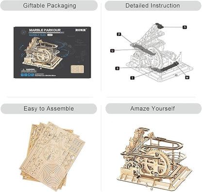 ROKR 3D Wooden Puzzles Marble Run Set - Mechanical Model Kit for Adults DIY Roller Coaster Toys Gifts for Adult (Marble Parkour)