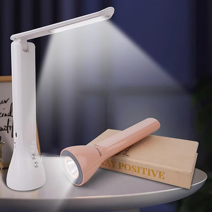 2-in-1 LED Desk Lamp Base with Flashlight for Home Office, Rechargeable, 3 Lighting Modes, Foldable & Portable Light, Cordless Table Bedside lamps, White