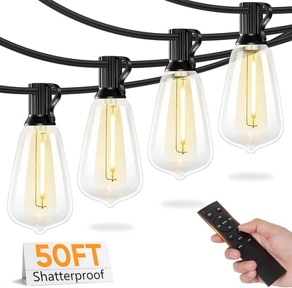 Brightever 50FT Outdoor String Lights with Remote, LED String Lights for Outside with 16 Shatterproof ST38 Vintage Edison Bulbs, 3 Modes 2 Timer Dimmable Outside Lighting for Patio, Gazebo, Deck, Yard