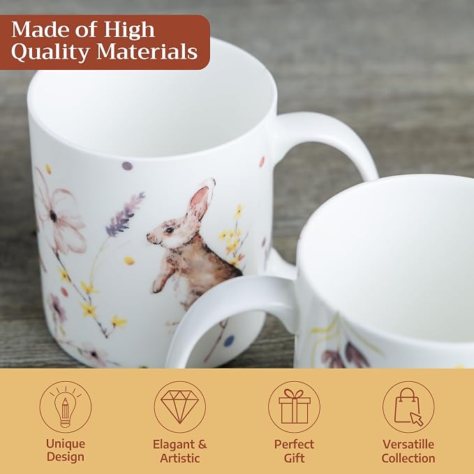 Maison d' Hermine Coffee Mug with Handles Tea Cups (15 Ounce, Pack of 1) | Fine Bone China Coffee Mugs for Hot Beverages Cappuccino Latte Home Restaurant Hotel Spring Summer -Easter Zest - Rabbits