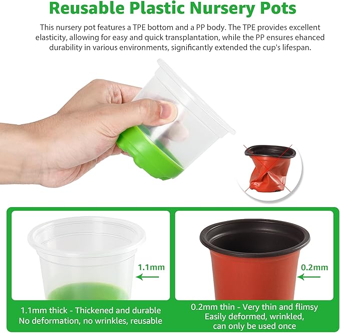 MIXC Thickened Clear Nursery Pots with Silicone Base for Easy Transplant 60 Packs 4 Inch, Transparent Plant Pot Reusable Seedling Pots for Vegetable Propagation, Root Cutting, Seed Starting, Green