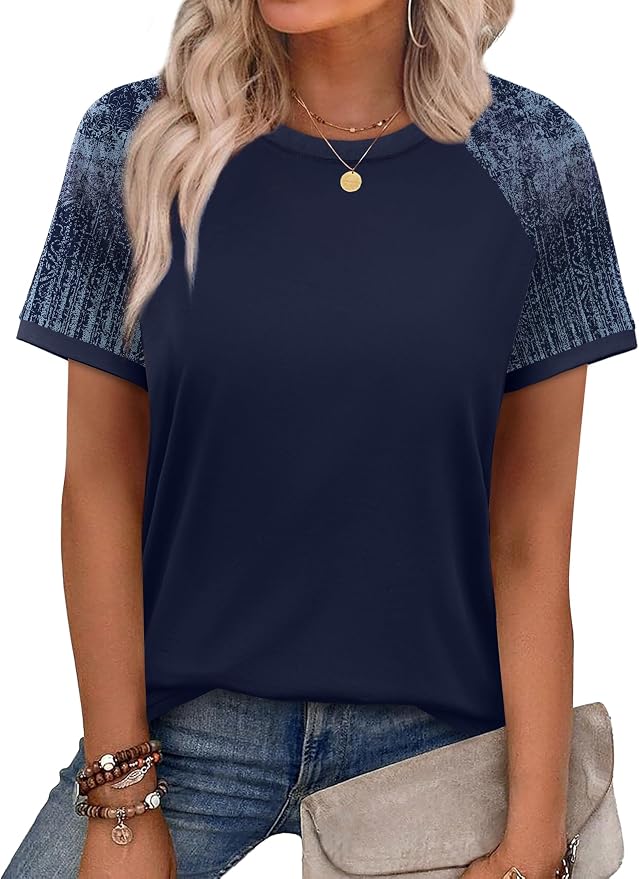 WIHOLL Womens Summer Tops Color Block Short Sleeve Raglan Shirts Spring Fashion Clothes Vacation Outfits