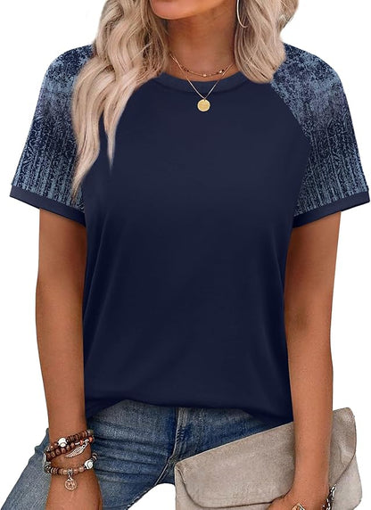WIHOLL Womens Summer Tops Color Block Short Sleeve Raglan Shirts Spring Fashion Clothes Vacation Outfits