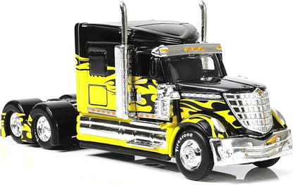 1/64 Scale International Lonestar Heavy Truck Model Semi Trailer Head Toy Alloy Metal Diecast Tow Traktor Toy Gift Classic Auto Model Collection for Kid Boy Men Adult (Yellow)