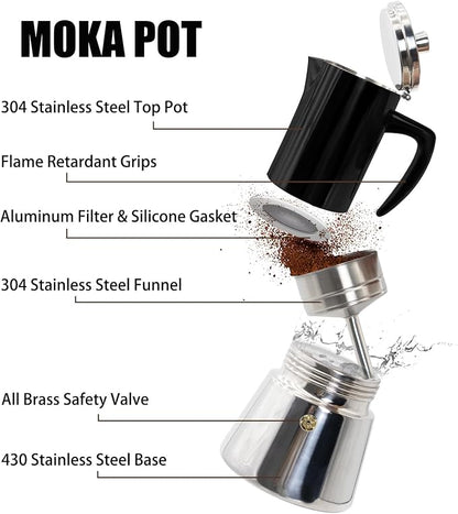 6 Cup Thickened 304 Stainless Steel Moka Pot Stovetop Espresso Maker Cafeteras Italian Percolator Espress Makers Capable Greca Mocha Coffee Machine for Induction Home and Camping 300ml 10oz