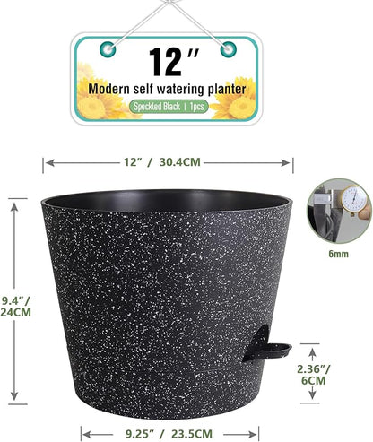 12 inch Large Self Watering Pots, Plant Pots with Mesh Drainage Holes for Indoor Outdoor Plants, Plastic Planters with Deep Reservoir for Garden House Flower Plants, Speckled Black