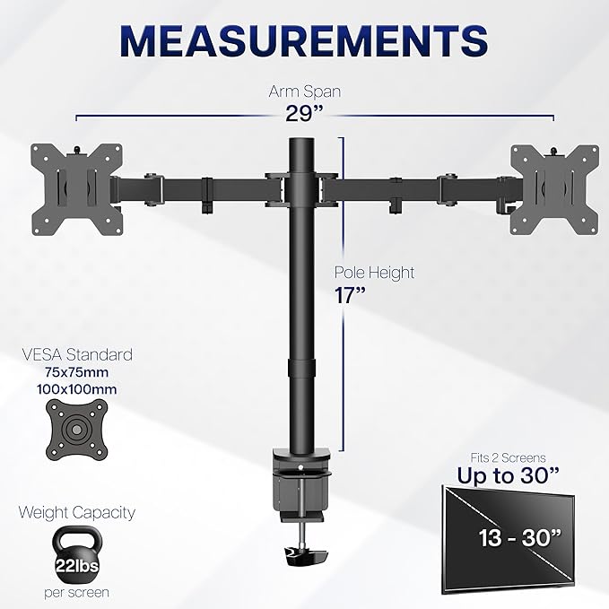VIVO Dual Monitor Desk Mount, Holds 2 Computer Screens up to 30 inches and 22lbs Each, Heavy Duty Fully Adjustable Steel Stand with C-Clamp and Grommet, Black, STAND-V002 | Black, Articulating, Adjustable Monitor Arm, Grommet or C-Clamp Mounting, Compu...