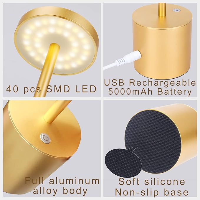 2Pack Cordless Table Lamp, Rechargeable LED Battery 5000mAh Metal USB Portable Powered Desk Lamp, 3 Levels Brightness Light for Restaurants Outdoor (2pack 10.25in Gold)