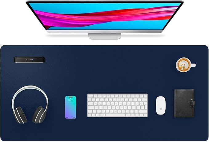 Aothia Leather Desk Pad Protector, Mouse Pad,Office Desk Mat, Non-Slip PU Leather Desk Blotter, Laptop Desk Pad, Waterproof Desk Writing Pad for Office and Home (Dark Blue,36" x 17")