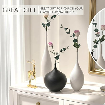 Relexome White Ceramic Vase Modern Wabi-Sabi Black Flower Vase Set of 3 Decorative Aesthetic Vases for Centerpieces Pampas Matte Minimalist Vases for Living Room Table Shelf Home Decor Gift