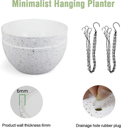 10 inch Hanging Planters for Indoor Outdoor Plants, 2 Pack Hanging Flower Pots with Drainage Holes and Chain for Garden Porch, Plastic Hanging Baskets for House Plants, Speckled White