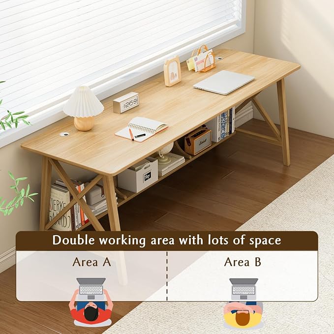 NELYE Extra Long Writing Desk with Bookshelf, 63" Wx24 Dx30 H, Oak | Wooden Home Office Work Study Table, Computer Gaming Workstation with Storage Shelf, Sturdy MDF Resists Wobble