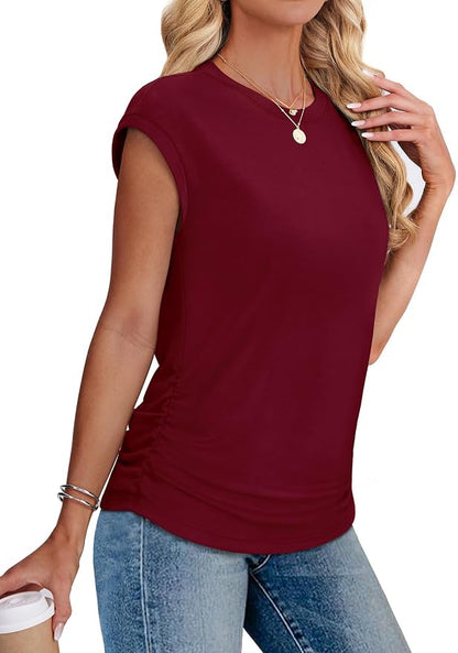 Sampeel Womens Summer Tops Trendy 2026 Ruched Cap Short Sleeve Tshirts Shirts Crew Neck T Shirts Fashion