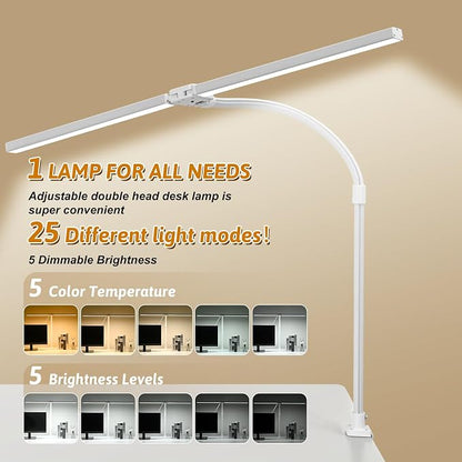 LED Desk Lamp with Clamp, Dual Head Monitor Light, Remote | 24W Dimmable Eye-Caring Task Lamp with Timer, Anti-Glare Cover and Gooseneck for Home Office Dorm, Workbench and Study
