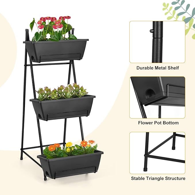 3 Tier Vertical Garden Planter Small Raised Garden Bed Freestanding Plastic Raised Planter Boxes Herb Planter Stand with Removable Tray for Indoor Outdoor Herbs Flowers Vegetables Plants Grey