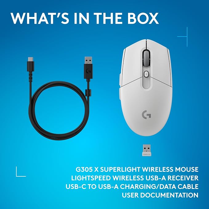 Logitech G305 X Superlight Wireless Gaming Mouse - White | Lightweight 59g, HERO 44K Sensor, RGB lighting, Lightspeed, Bluetooth, 130+ Hr battery life, 6 programmable buttons, PC/Mac