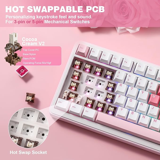 YUNZII B75 PRO 75% Wireless Mechanical Keyboard (White Heart,Cocoa V2) | Hot Swap Keyboard with Knob, Gasket Mount, Creamy Pre-lubed Switch for Smooth Typing, BT/USB-C/2.4G, for Gaming