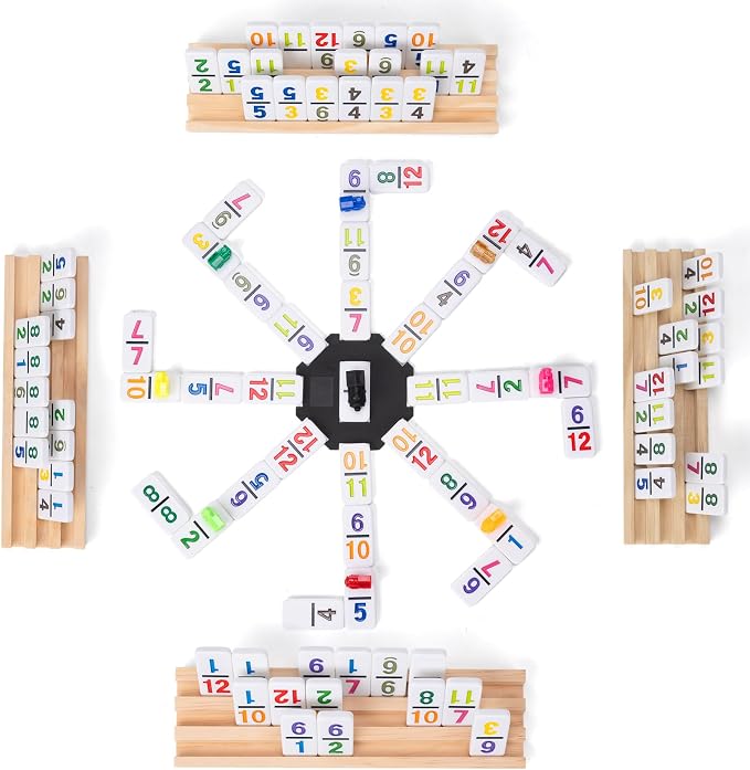 Mexican Train Dominoes Set with 4 Wooden Trays - Double 12 Dominoes Game with 91 Number Tiles, Portable Carrying Case & Accessories - Classic Family Table Game for Kids, Adults & Travel