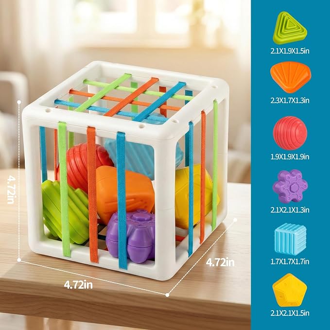 Aprilwolf Montessori Toys for 1 Year Old, Cube & 6 Sensory Shape Blocks, Baby Toys 12-18 Months, Developmental Infant Birthday Gifts for Learning Toddler Age 1 2 3