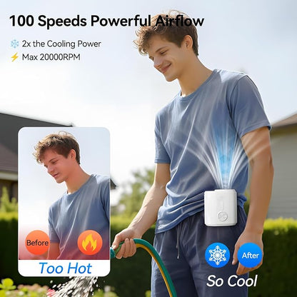 KIMMOO Smart Portable Rechargeable Fan with Ice Cooler, 100-Speed, 20000RPM Turbo Cooling Personal Waist Fan, 4000mAh Wearable Neck & Belt Clip Fan for Work Camping Outdoor Hiking, White