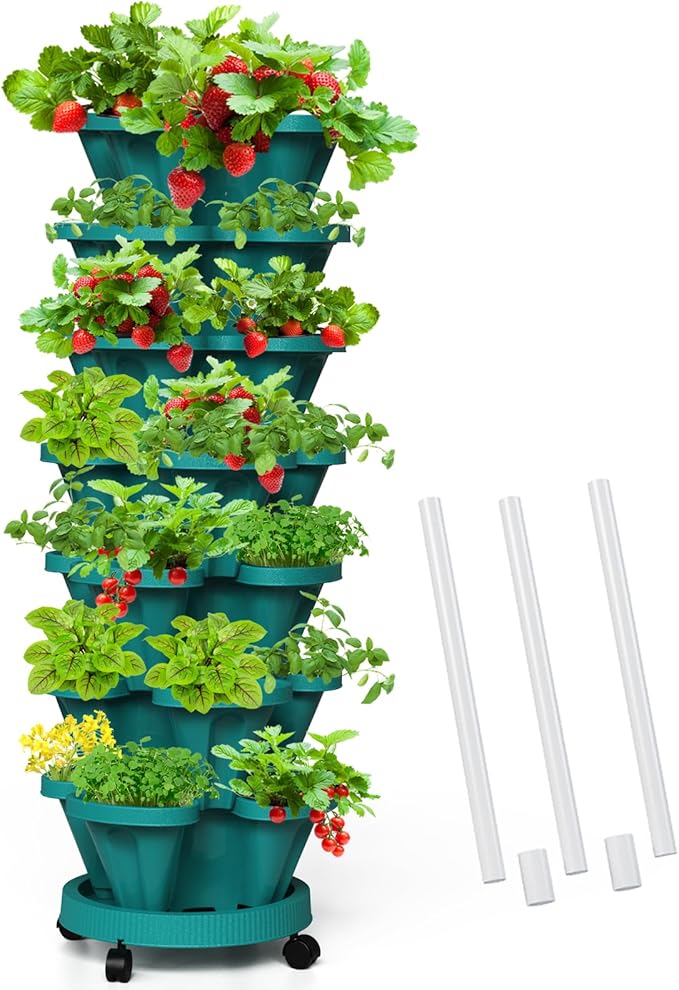 Strawberry Vertical Planters Tower Garden, 7 Tiered Stacking Herb Vegetable Planter with Support Pole Indoor and Outdoor - Hunter Green