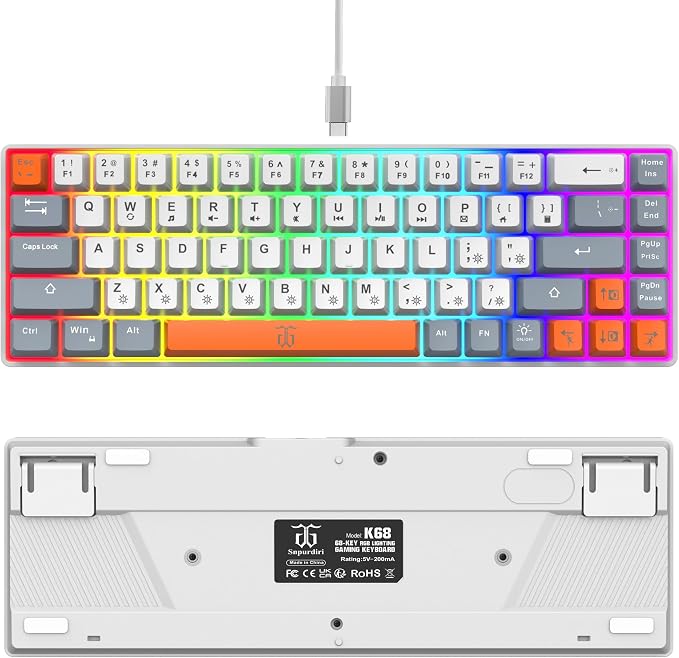 Snpurdiri 60% Percent Gaming Keyboard (68 Keys, White-Grey-Orange) | Ergonomic Compact RGB Backlit Small Gaming Keyboard for Windows, PC, Laptop