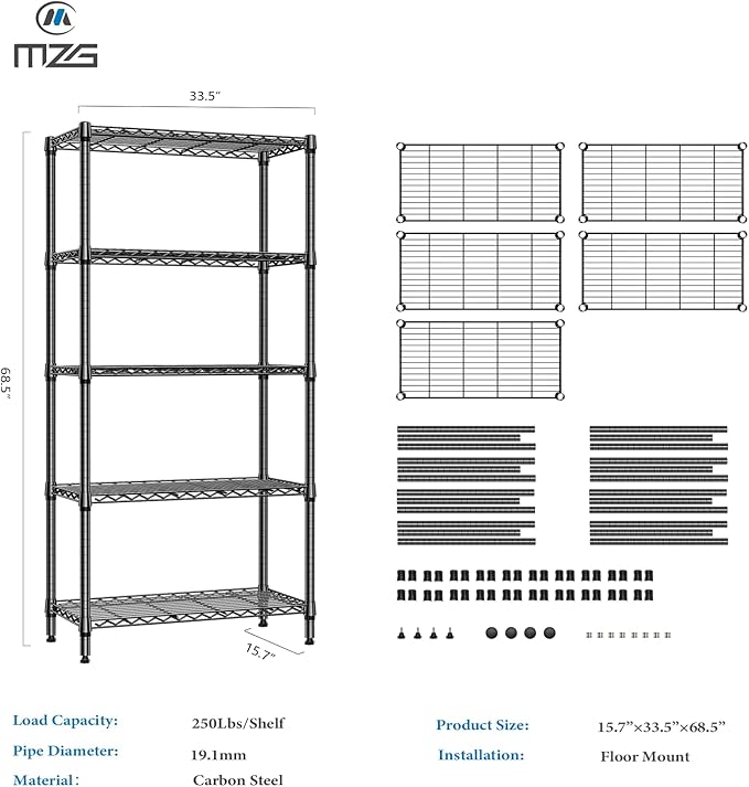 1250 lbs 5 Tier Shelf Metal Storage Shelves Shelving Wire Rack Heavy Duty Closet Organizers for Garage Kitchen Bathroom Laundry Black 15.7" D x 33.5" W x 68.5" H