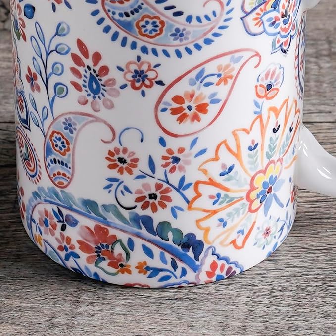 Maison d' Hermine Coffee Mug with Handles Tea Cups (15 Ounce, Pack of 1) | Fine Bone China Coffee Mugs for Hot Beverages Cappuccino Latte Home Restaurant Hotel Spring Summer -Indian Floral - Paisley