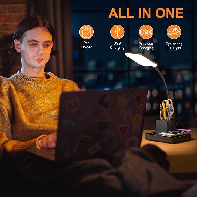 Wireless Charging Desk Lamp USB Charging & Pen Holder, Matte Black | CRI 95, 800LM, Stepless Dimming, 3 Modes, 360°Flexible Arm, Touch, Study Table Lamp for Home Office, Dorm Room, with Adapter