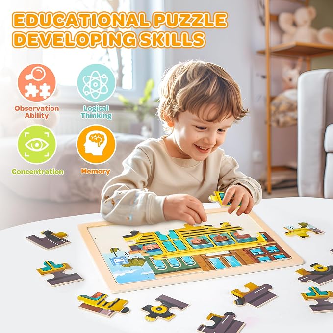 Puzzles for Kids Ages 4-6, 4 Packs 24 Pcs Wooden Jigsaw Puzzles for Toddlers Ages 2-4, Preschool Educational Vehicle Puzzle Toys Gifts for 3 4 5 6 Boys Girls