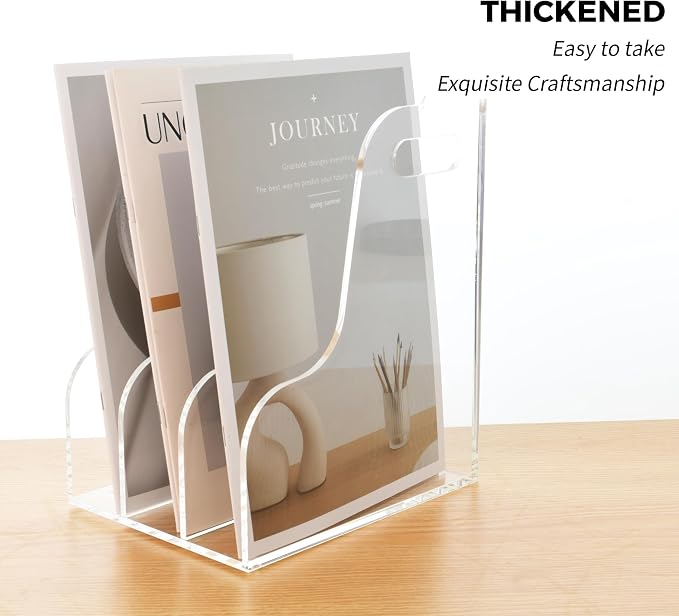 3 Vertical Compartments File Holder, Clear Acrylic Desk Organizer and Storage Bins Holding for Magazines, Binders, Notebooks, Envelopes, Multi-purpose Document Organizer for Home Office