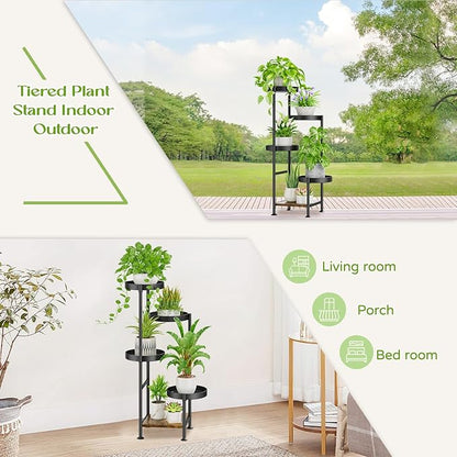 Plant Stand Indoor Outdoor, 5 Tier Metal Flower Pot Shelf Holder Clearance, Tall Corner Rack for Multiple Plants, Modern Organizer Display for Patio Orchid Office Porch Living Room Garden, Black