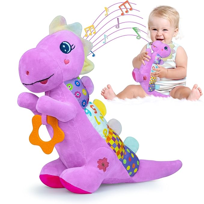 Baby Dino Musical Stuffed Animal Toys for 0-3-6-9-12 Months，Infant Dinosaur Tummy Time Toys with Crinkle Sound Paper,Teether，Textures & Rattles for Newborn Boys Girls Birthday Gifts，Purple