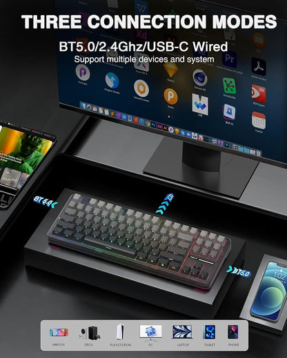 AULA F87 Pro Wireless Mechanical Keyboard,Tri-Mode BT5.0/2.4GHz/USB-C Hot Swappable Custom Keyboard,Pre-lubed Switches,Side Printed PBT Keycaps,75% TKL RGB Backlit Gaming Keyboards