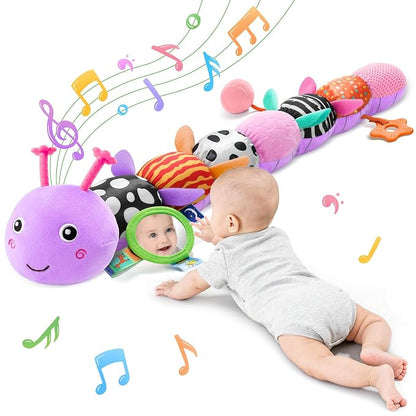Baby Sensory Musical Caterpillar Plush Toy, Soft Stuffed Animal with Mirror Crinkle Paper Rattle Teether, Tummy Time Play Toy for 0-12 Months Newborn Infant for Boys Girls, Purple