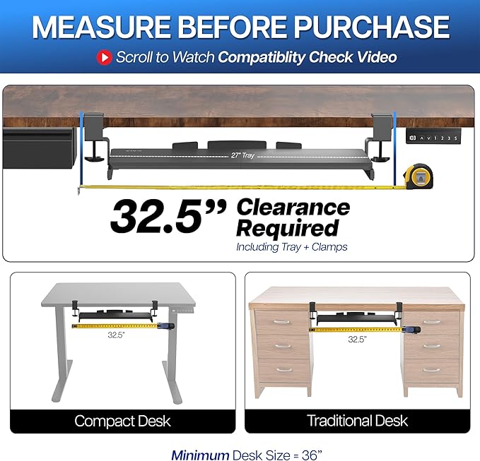 VIVO Large Keyboard Tray Under Desk Pull Out with Extra Sturdy C Clamp Mount System, 27 (33 Including Clamps) x 11 Inch Slide-Out Platform Computer Drawer for Typing, Black, MOUNT-KB05E | Keyboard Tray for Typing, Slide Out Platform, Extra Sturdy C-Cla...