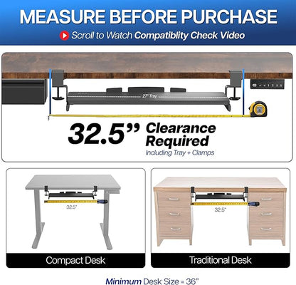 VIVO Large Keyboard Tray Under Desk Pull Out with Extra Sturdy C Clamp Mount System, 27 (33 Including Clamps) x 11 Inch Slide-Out Platform Computer Drawer for Typing, Black, MOUNT-KB05E | Keyboard Tray for Typing, Slide Out Platform, Extra Sturdy C-Cla...