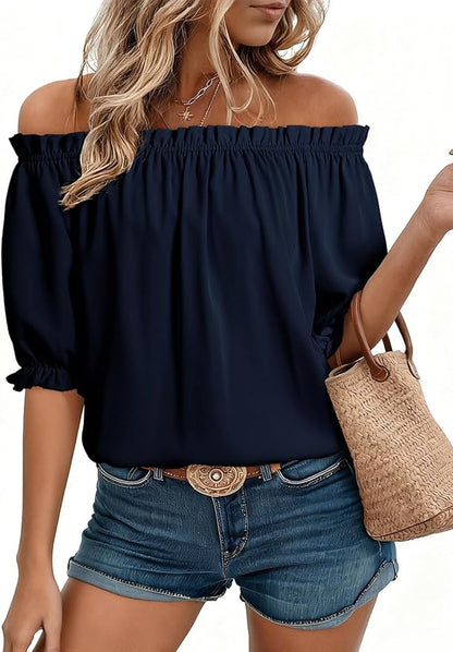EVALESS Womens Tops Off The Shoulder Blouses for Women Dressy Casual Cute Puff Sleeve T Shirts Fashion 2026