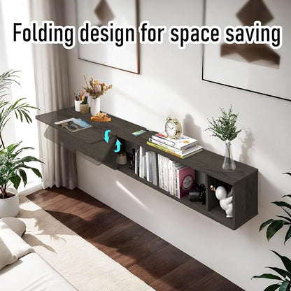 Pmnianhua 63'' Floating Desk with Storage Shelves,Wall Mounted Desk Laptop Computer Writing Study Table for Bedroom Small Space(Dark Grey)