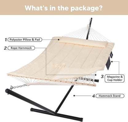 SUNCREAT Two Person Hammock with 12ft Stand Included, Max 475lbs Capacity, Heavy Duty Free Standing Hammock, Beige